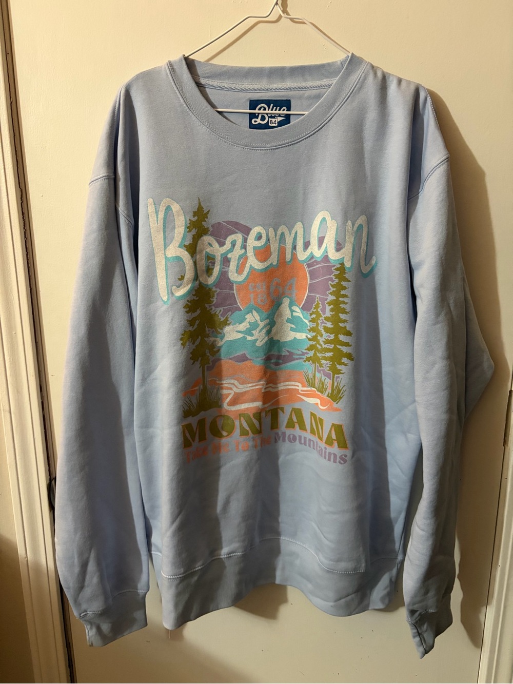 NWOT Women’s Blue 84 Large Bozeman Montana Light Blue Graphic Sweatshirt Tote16